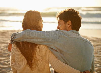 Buy stock photo Beach hug, sunset and couple relax with summer sunshine, wellness and bonding on travel holiday in Greece. Embrace, marriage love and back of people connect with soulmate on anniversary or vacation