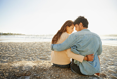 Buy stock photo Beach sunset, hug and relax couple with love, support and relationship security on summer holiday in Portugal. Mockup space, forehead touch and back of partner, soulmate or people embrace on date