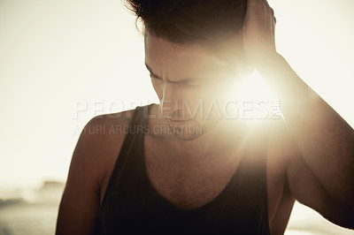 Buy stock photo Man, thinking and beach at sunset on holiday for nature wellness in environment for thoughts, evening or ideas. Male person, wondering and coast vacation for outdoor peace for break, alone or calm