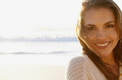 Buy stock photo Portrait, beach and woman with vacation, smile and getaway trip with water and weekend break. Face, person and girl with mockup space or ocean with travel, relaxing or peace with adventure or journey