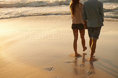 Buy stock photo Beach, sunset and couple holding hands on walk, sand journey or travel holiday for outdoor wellness in Portugal. Mockup space, love and back of partner, soulmate or people on romantic tropical island