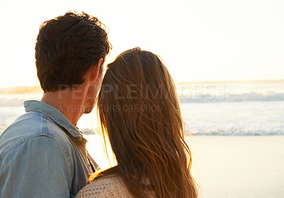 Buy stock photo Sunset, love and back of couple at beach on vacation, adventure or holiday for valentines day. Outdoor, travel and man and woman watching ocean for tropical weekend trip on romantic anniversary date.