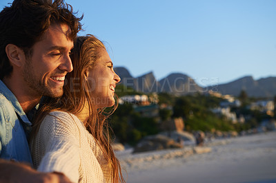 Buy stock photo Happy, love and young couple at beach on vacation, adventure or holiday for valentines day. Smile, travel and man and woman by ocean or sea for tropical weekend trip on romantic anniversary date.