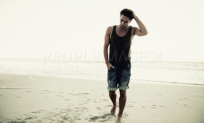 Buy stock photo Man, beach and thinking at sunrise on holiday in trendy clothes, remember and walk in morning by waves. Person, ocean and sea with idea, outdoor and vision on island in nature, choice and decision