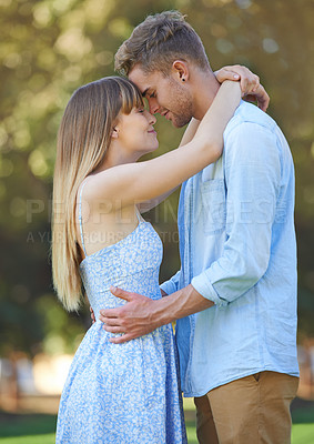 Buy stock photo Park, love and relax couple hug for outdoor romance, wellness and anniversary date in nature. Embrace, commitment and young people bonding together with care, support and relationship security