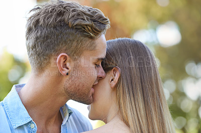Buy stock photo Couple in a park, romance and hug with happiness, summer and marriage with weekend break and bonding together. Outdoor for a date, man and woman with relationship and moment with love and vacation