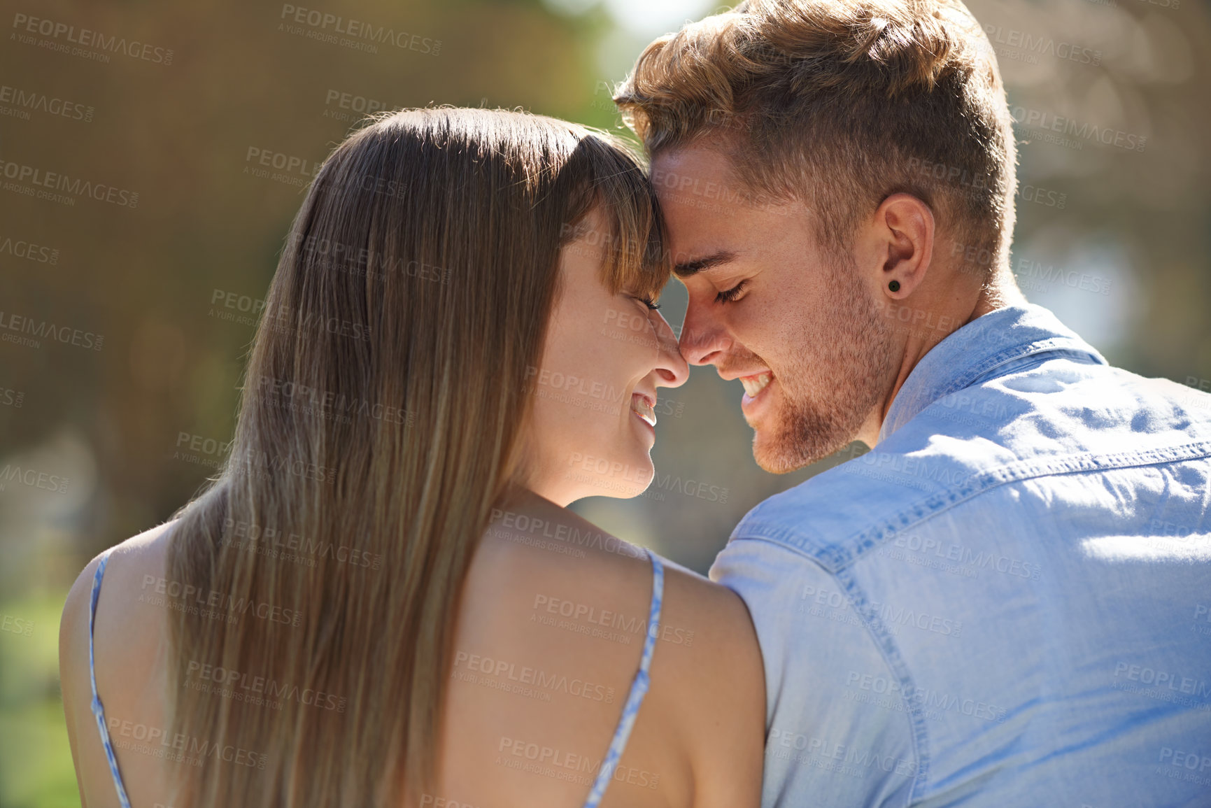 Buy stock photo Nature park, love and face of happy couple with devotion, romance or smile for date in natural garden. Marriage, connection and back of man, woman or people bonding together with relationship care