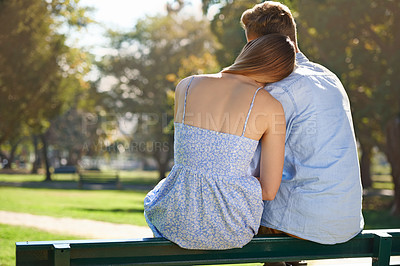 Buy stock photo Back of couple, relax in a park and view of nature with hug, love and trust in healthy relationship for commitment. Peace, calm and people in public garden for bonding or romantic date with partner