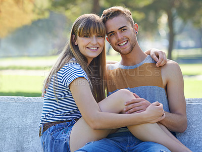 Buy stock photo Portrait of couple, relax on park bench and smile for nature with love and trust in healthy relationship. Commitment, happiness and people in public garden for bonding or romantic date with partner