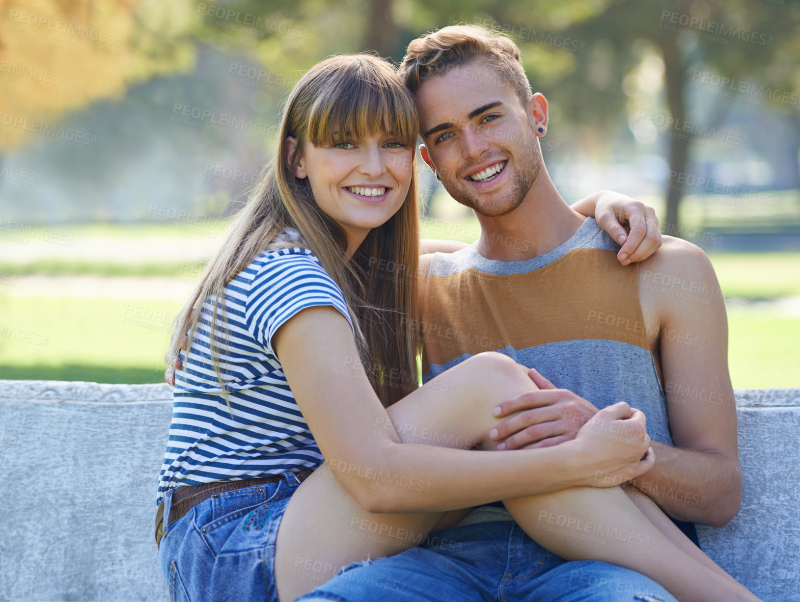 Buy stock photo Portrait of couple, relax on park bench and smile for nature with love and trust in healthy relationship. Commitment, happiness and people in public garden for bonding or romantic date with partner