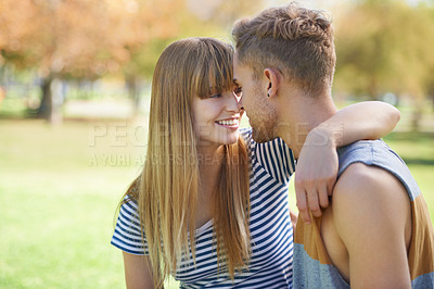 Buy stock photo Nature, park and happy couple with love, eye contact or smile for romantic date in natural garden. Marriage, connection and relax boyfriend, girlfriend or people bonding together in sweet moment