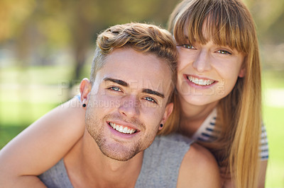 Buy stock photo Portrait, sunshine and couple with love, hug and happiness with marriage and bonding together. Face, embrace and man with woman and relationship with romance and outdoor for a date with fun in a park
