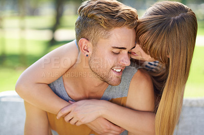 Buy stock photo Happiness, park and couple hug with love, affection and devotion to romantic partner on weekend break in Spain. Marriage, care and relax man, woman or people embrace with commitment on Valentines day