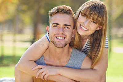 Buy stock photo Portrait, park and couple with love, hug and happiness with marriage and bonding together. Face, embrace and man with woman and cheerful relationship and outdoor for a date with fun, joyful and smile
