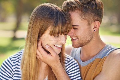 Buy stock photo Love, park and face of happy couple with care, affection and devotion to romantic partner on summer holiday in Spain. Marriage, nature and relax man with commitment to girlfriend, wife or soulmate