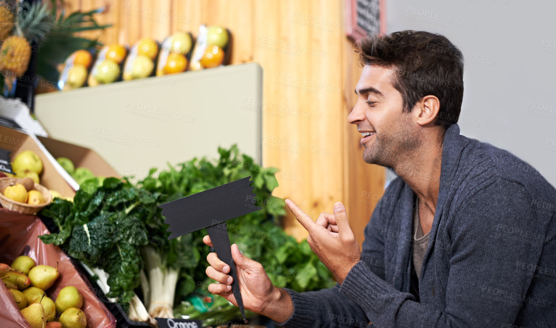 Buy stock photo Barcode check, food or man shopping at a supermarket for grocery promotions, sale or discounts deal. Price marker, machine or customer buying groceries for healthy diet, organic vegetables or spinach