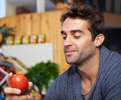 Buy stock photo Tomato, choice or man shopping at a supermarket for grocery promotions, sale or discounts deal. Smile, retail or customer buying groceries for healthy nutrition, organic vegetables or food produce