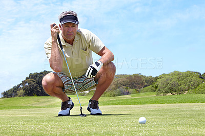 Buy stock photo Sport, man and golf on course outdoor for thinking, performance or game with fitness and wellness. Athlete, mature person and golfer with club, ball and exercise on grass for recreation and hobby