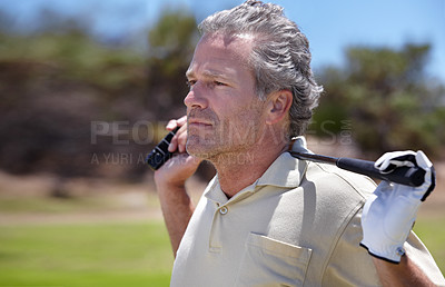 Buy stock photo Sport, man and thinking on golf course outdoor with club for playing, performance or game with fitness and wellness. Athlete, mature person and thoughtful golfer with exercise on grass for recreation