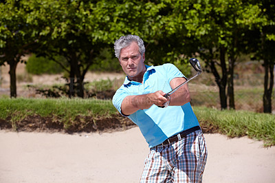 Buy stock photo Sports, golf course and elderly man with driver swing outdoors for fitness, training and practice. Golfing, club and senior male golfer enjoying retirement with active, hobby and exercise outside