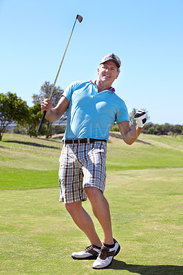 Buy stock photo Happy golfer man, fist celebration and game on grass with winning, goal or outdoor for sports, exercise or contest. Senior guy, winner and excited at golf course with sunshine, competition or workout