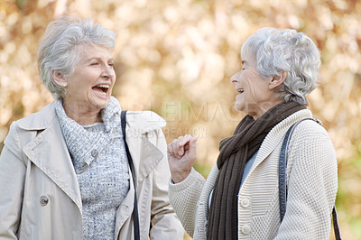 Buy stock photo Senior friends, talking and laughing in nature for reunion, together and funny chat on vacation in outdoor. Elderly women, social and silly discussion on travel adventure in england and care in park