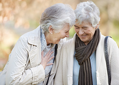 Buy stock photo Senior women, talking and laughing in nature for reunion, together and funny chat on vacation in outdoor. Elderly friends, social and silly discussion on travel adventure in england and care in park