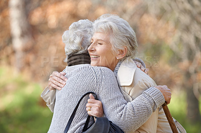 Buy stock photo Nature, smile and senior friends hugging for support, bonding or care in outdoor park or garden. Happy, love and elderly women in retirement embracing for greeting, connection or trust in field.