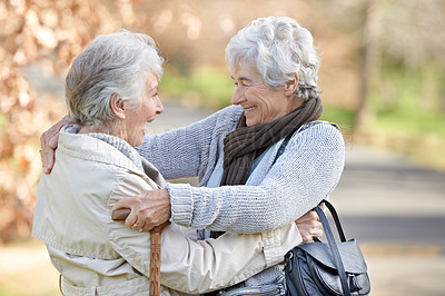 Buy stock photo Nature, excited and senior women hugging for support, bonding or care in outdoor park or garden. Happy, smile and elderly friends in retirement embracing for greeting, connection or trust in field.