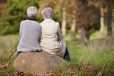 Buy stock photo Senior women, retirement and back in nature, support and bonding together in outdoors. Elderly people, friendship and trust in garden or park, care and relaxing on vacation or travel for holiday