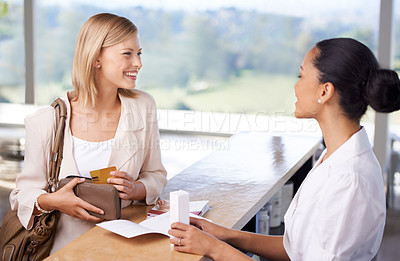 Buy stock photo Shopping, happy and a woman buying skincare from a cashier for retail, service and care of skin. Smile, talking and a female customer speaking to a worker about a product after making a payment