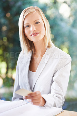 Buy stock photo Portrait, woman and credit card at hotel reception for payment at counter. Female person, buying and plastic money for financial purchase, customer transaction or pay for vacation at motel or lodge.