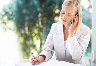 Buy stock photo Writing, phone call and business woman in office for planning, schedule and communication. Technology, administration and contact with female employee and notebook for concierge, journal or reception