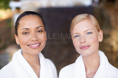 Buy stock photo Portrait, smile and friends at spa for pamper, beauty and skincare treatment for wellness. Face, happy women or salon to relax, luxury getaway or peace of girls together at outdoor resort for health