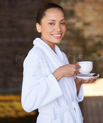 Buy stock photo Woman, portrait and spa with morning coffee, hotel and bathrobe from wellness and skincare treatment. Espresso, happy and smile from tea cup and health with hospitality at lodge with luxury and care
