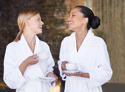 Buy stock photo Health, talking and friends drinking coffee at spa before luxury, beauty and self care treatment. Happy, laughing and women bonding, speaking and relaxing together with tea at natural wellness salon.