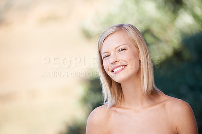 Buy stock photo Smile, portrait and beauty of a woman outdoor in nature for natural makeup, dermatology and cosmetics. Female model person happy with green or sustainable skincare, self care and healthy skin mockup