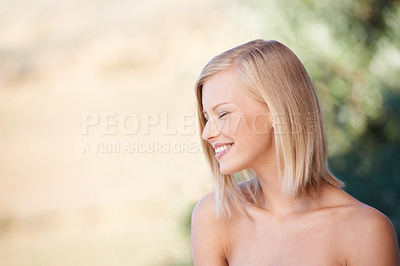 Buy stock photo Profile, smile and beauty of a woman outdoor in nature for natural makeup, dermatology and cosmetics. Female model person happy with green or sustainable skincare, facial self care and healthy glow