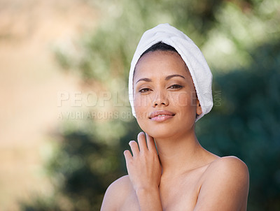 Buy stock photo Nature, towel and portrait of woman at spa for skincare, wellness or healthy skin treatment. Beauty, outdoor and face of calm female person with cosmetic, body or dermatology routine at salon resort.