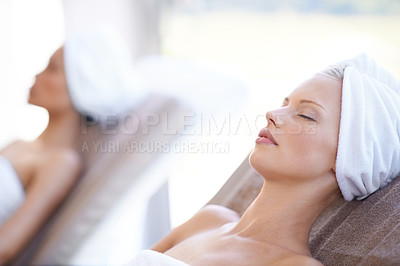 Buy stock photo Luxury, peace and women with beauty, spa and massage with grooming, weekend break and getaway. Female person, customers and clients relax, wellness and calm with professional treatment and body care