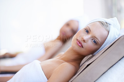 Buy stock photo Woman, relax and portrait on chair in spa for skincare, beauty and luxury treatment for wellness. People, rest and face of calm person on bed in hotel for massage or dermatology care for body