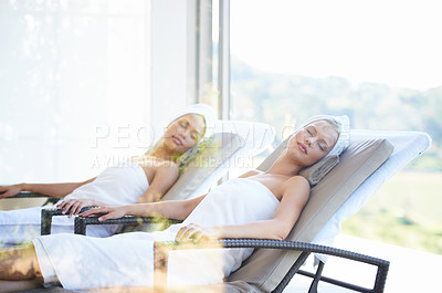 Buy stock photo Women, spa and sleeping after massage, facial or hotel beauty treatment with rest. Relax, calm and nap at luxury salon with care and hospitality from skincare and wellness with peace at a resort