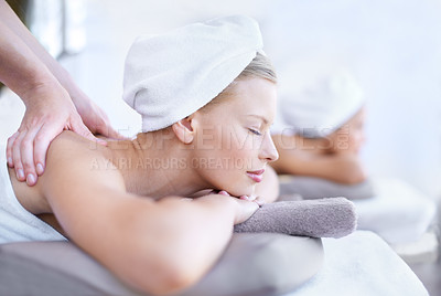Buy stock photo Woman in spa for massage, holistic and hands of masseuse with peace, tranquility and wellness treatment. Stress relief, zen and female person at luxury resort with self care and body healing