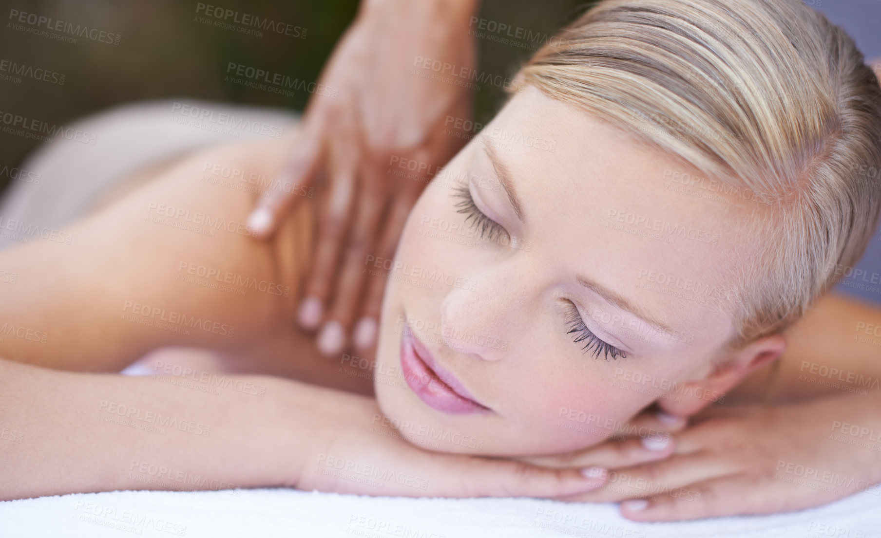 Buy stock photo Woman, massage and masseuse to relax, neck and spa for treatment and stress relief therapy. Sleeping, therapist and wellness in resort, peaceful and hands for luxury bodycare and tranquility