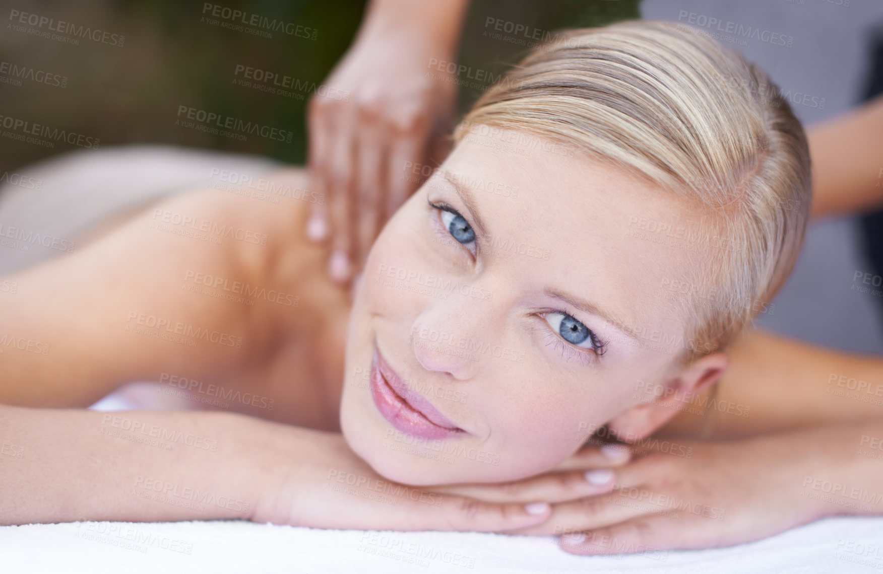 Buy stock photo Woman, therapist and massage to relax, portrait and spa for treatment and stress relief therapy. Sleeping, masseuse and wellness in resort, peaceful and hands for luxury bodycare and tranquility