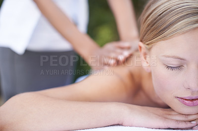 Buy stock photo Woman, masseuse and therapist to relax, back and spa for treatment and stress relief therapy. Sleeping, massage and wellness in resort, peaceful and hands for luxury, body care and tranquility