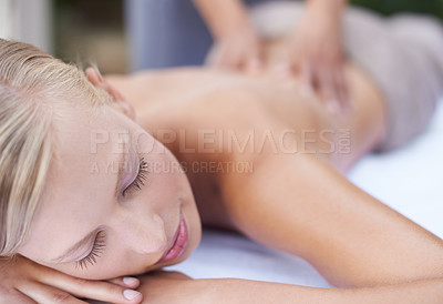 Buy stock photo Woman, massage therapist and spa for treatment, back and sleeping for wellness and stress relief therapy. Face, masseuse and relaxing in resort, peaceful and hands for luxury body care or tranquility