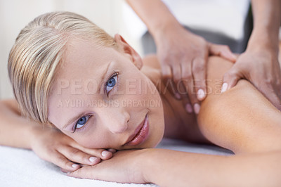 Buy stock photo Face, woman in portrait getting back massage at spa and holistic treatment with self care. Wellness, young female at luxury resort with masseuse hands, physical therapy with healing and zen