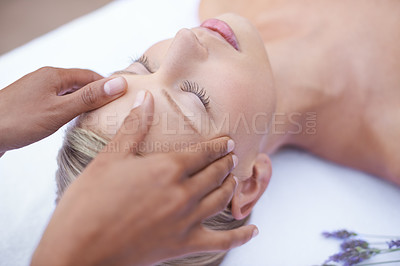 Buy stock photo Relax, face massage and woman in beauty salon for health, wellness and luxury treatment with eyes closed. Spa, professional skincare therapist hands and healthy facial for girl with natural cosmetics