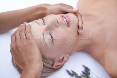Buy stock photo Relax, reiki and facial massage, woman in spa for health, wellness and luxury treatment with eyes closed. Beauty salon, professional skin care therapist hands and face of girl with cosmetic therapy.